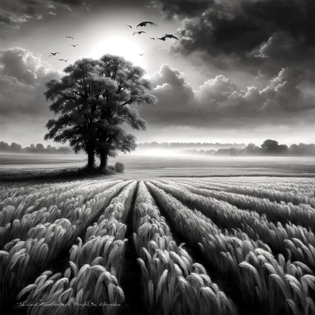 Autumn Wheat Field Harvest in Black and White