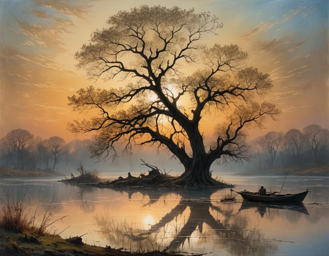 Mystical Lagoon at Dusk: Dreamy Turner-Inspired Landscape