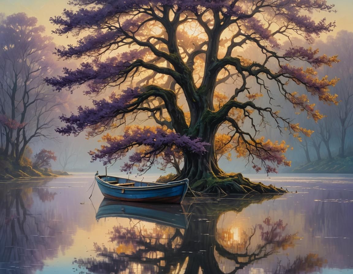 Romantic Landscape with Boat and Golden Oak