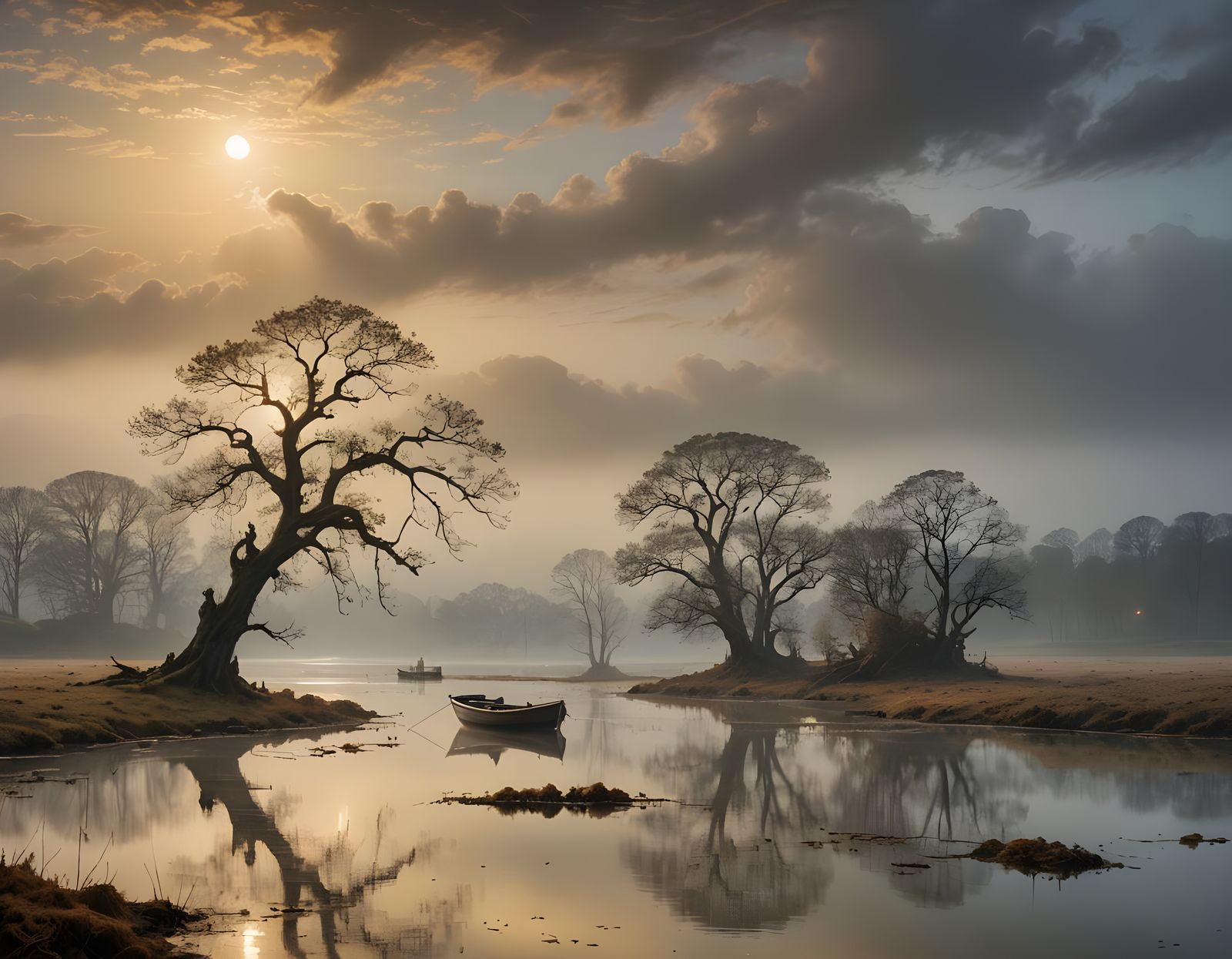Misty Lake Dusk Landscape in Romantic Style