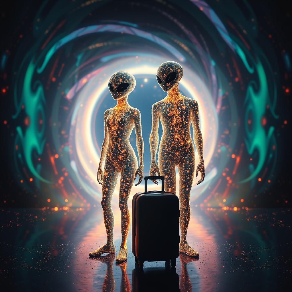 Stardust Couple at Portal in Surreal Abstract Style