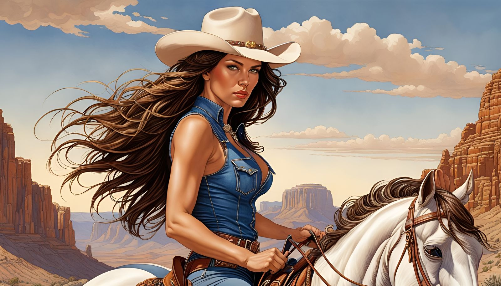 Mexican Bandita on Horseback in Desert Canyon