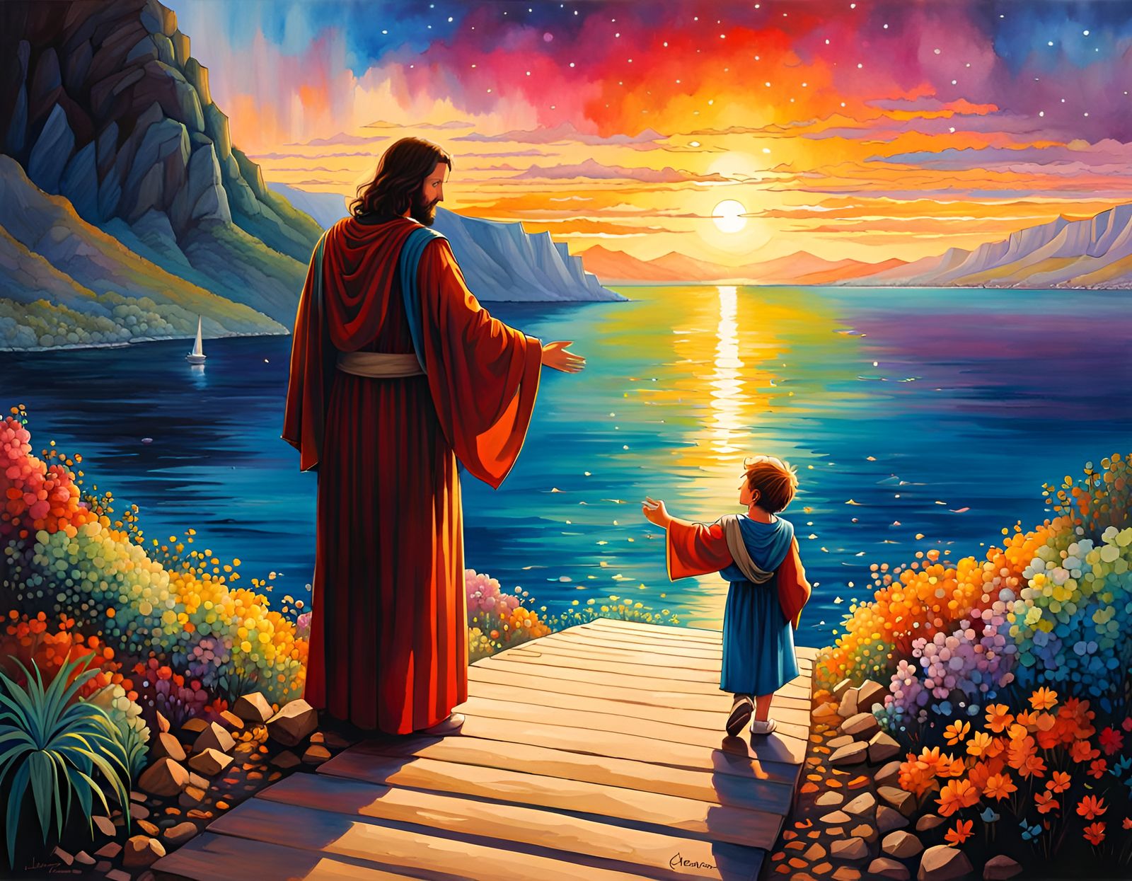 Jesus Christ and Boy at Sea of Galilee, Watercolor Art