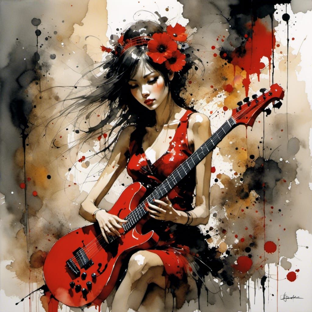 Girl with Electric Guitar in Surreal Watercolor