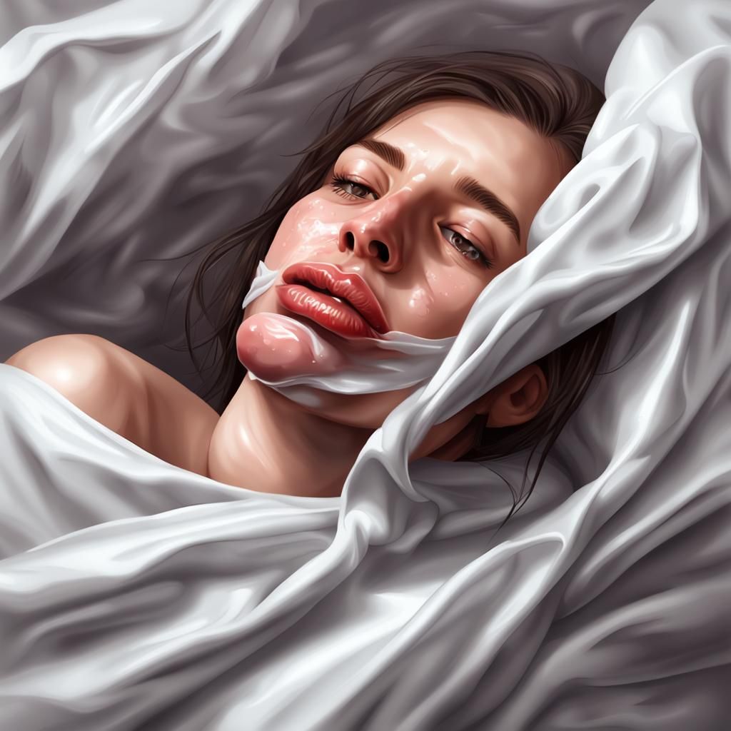 Realistic Portrait of Woman Biting Lip in Bed