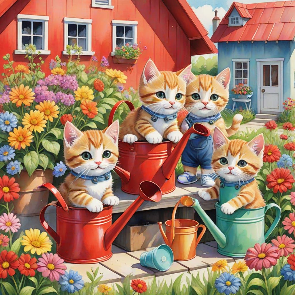 Whimsical Garden Kittens in Summer Attire