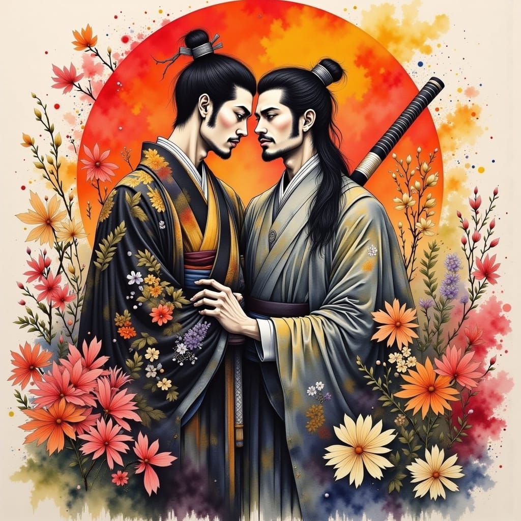 Gay Samurai Embrace in Japanese Art Style