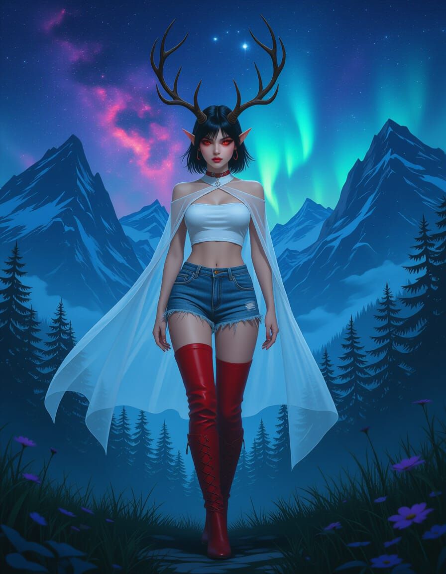 Elf with Antlers in Aurora Borealis Forest
