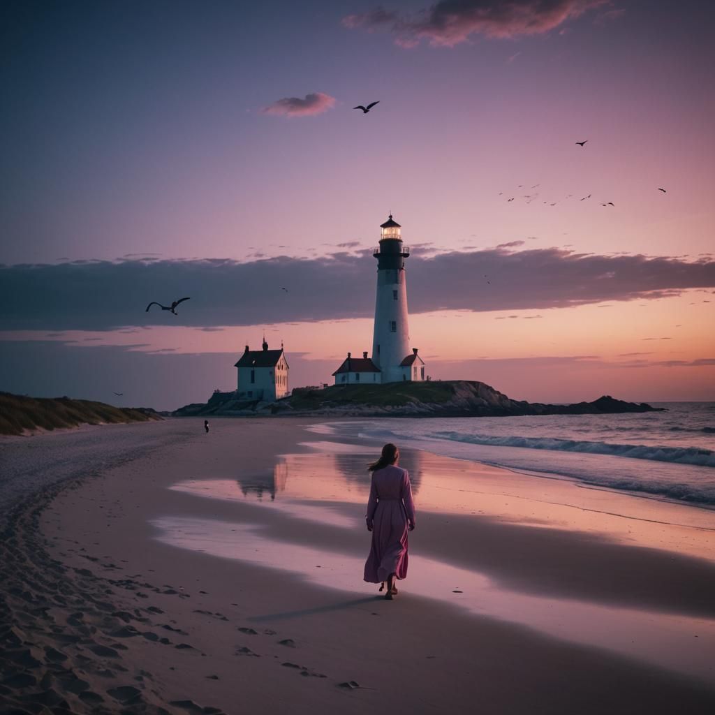 Dramatic Sunset at Beach with Lighthouse