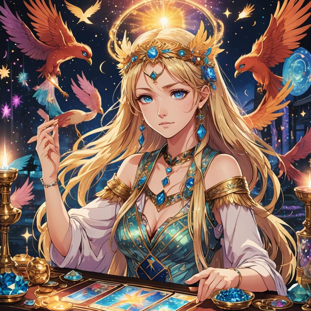 Anime Tarot Reader with Phoenix Decor and Sparkles