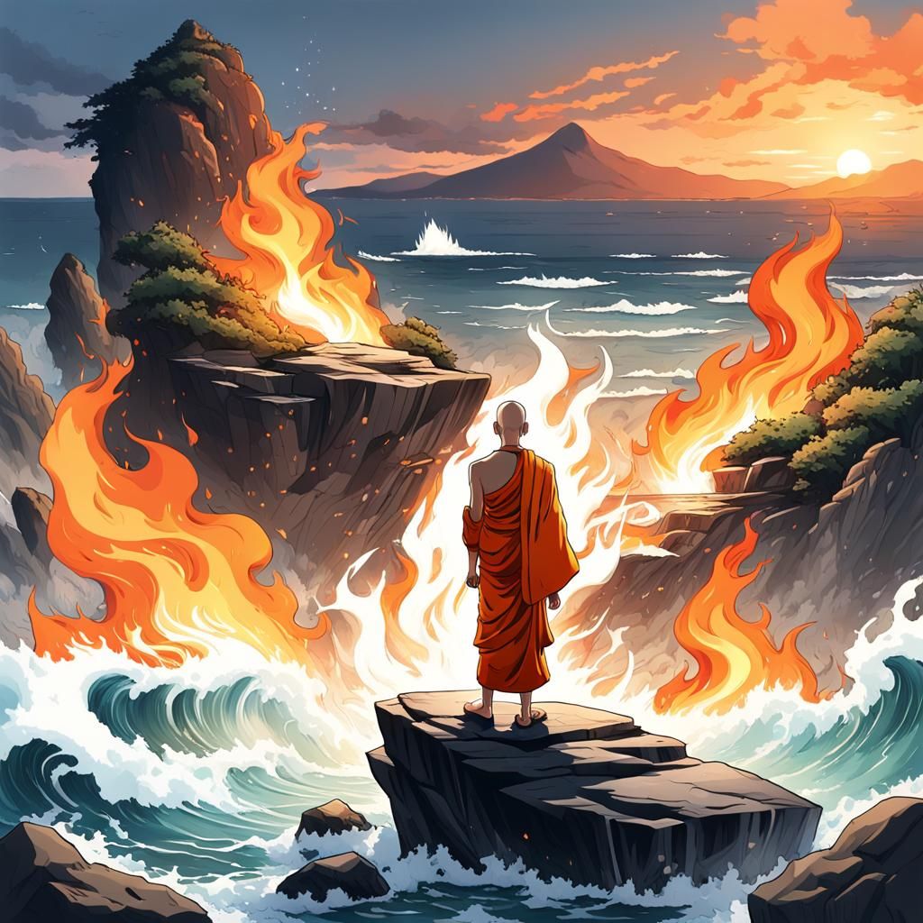 Young Monk Controls Elements in Anime Style