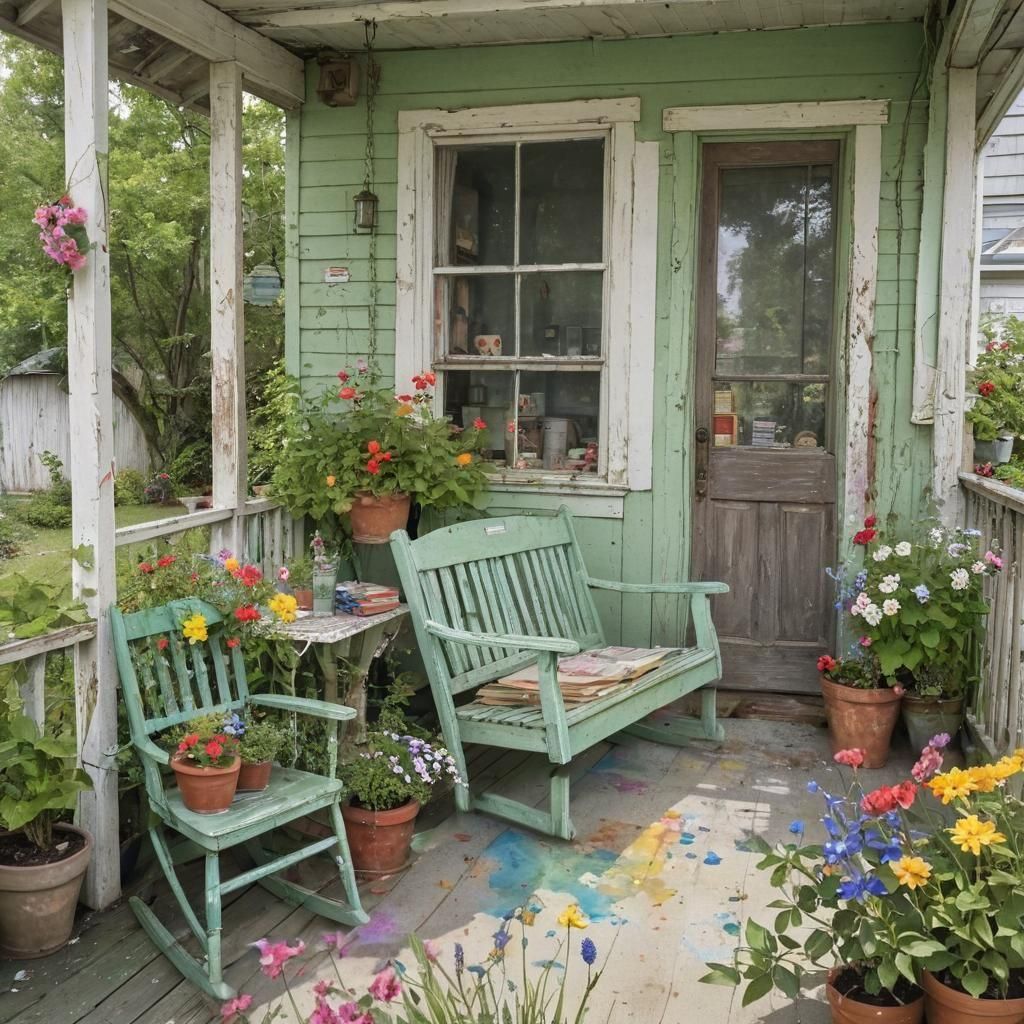 Charming Cottage Back Porch with Botanical Art