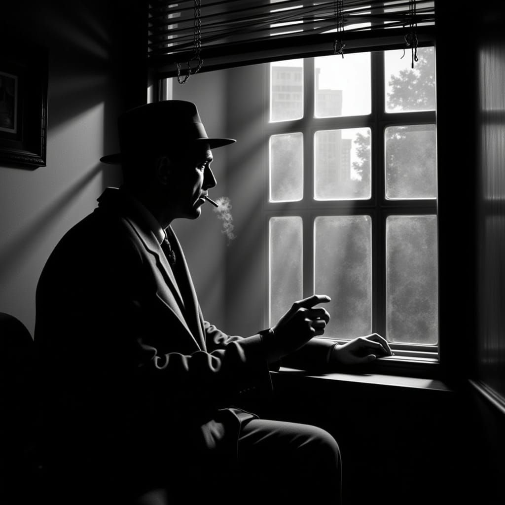 Film Noir Detective Waits for Crime in Shadowy Office
