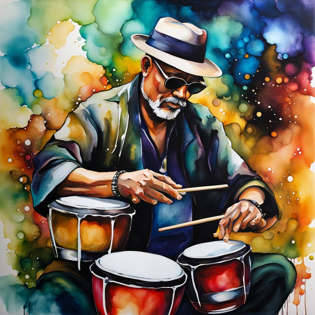 Beatnik Playing Bongos in Alcohol Ink Style