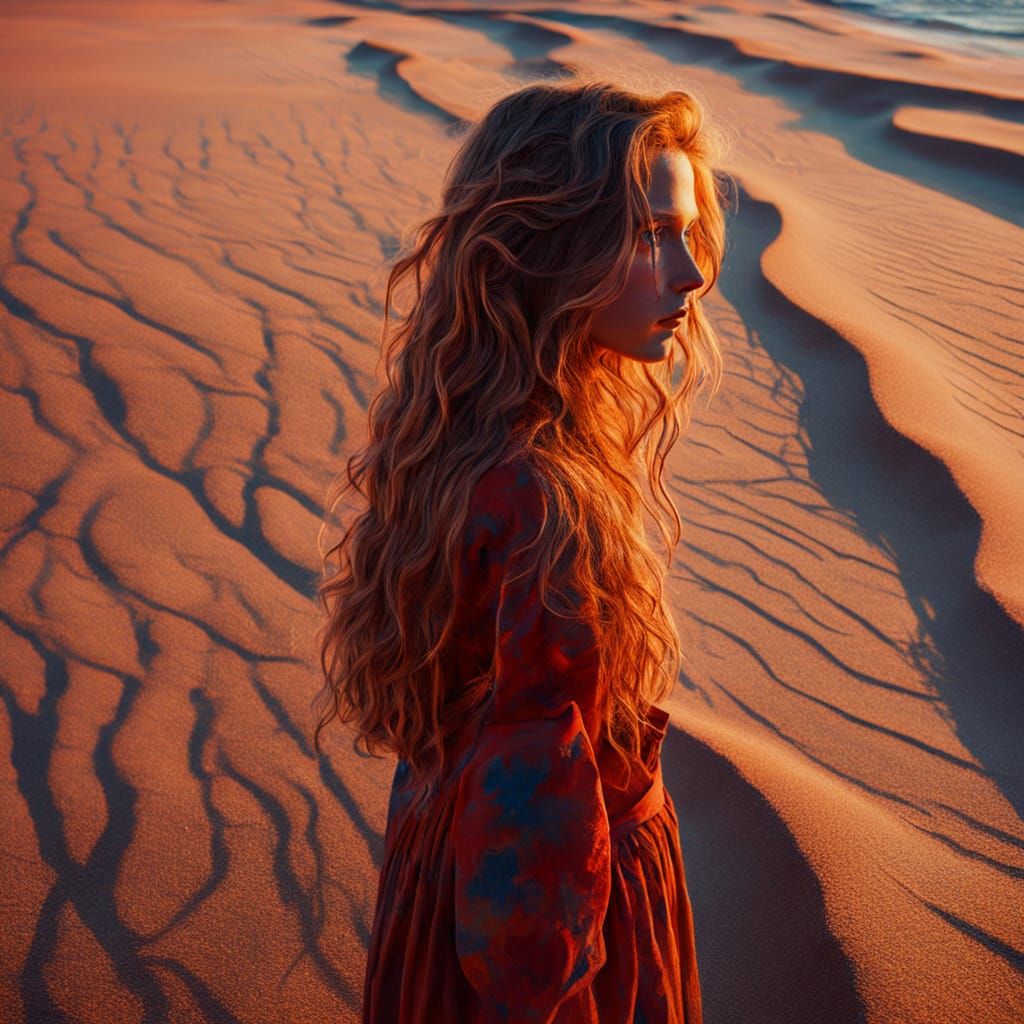 Surreal Portrait on Sandy Beach in Vibrant Oil Painting Styl...