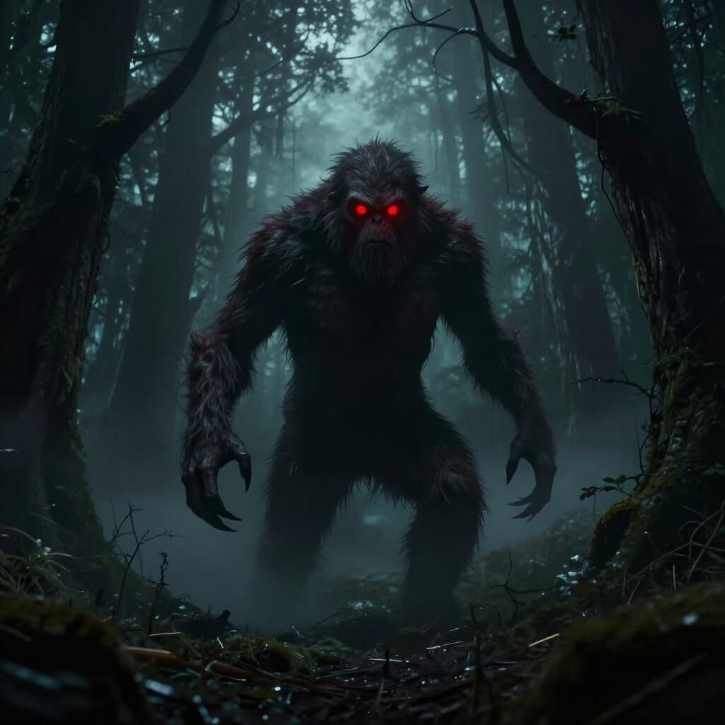 Terrifying Hairy Creature with Red Eyes in Foggy Forest