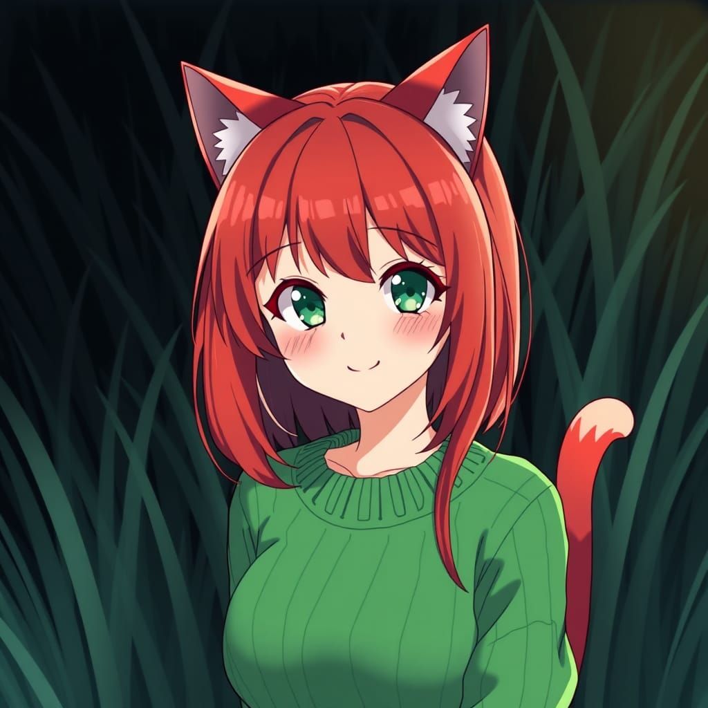 Anime Woman with Cat Features in Green Dress