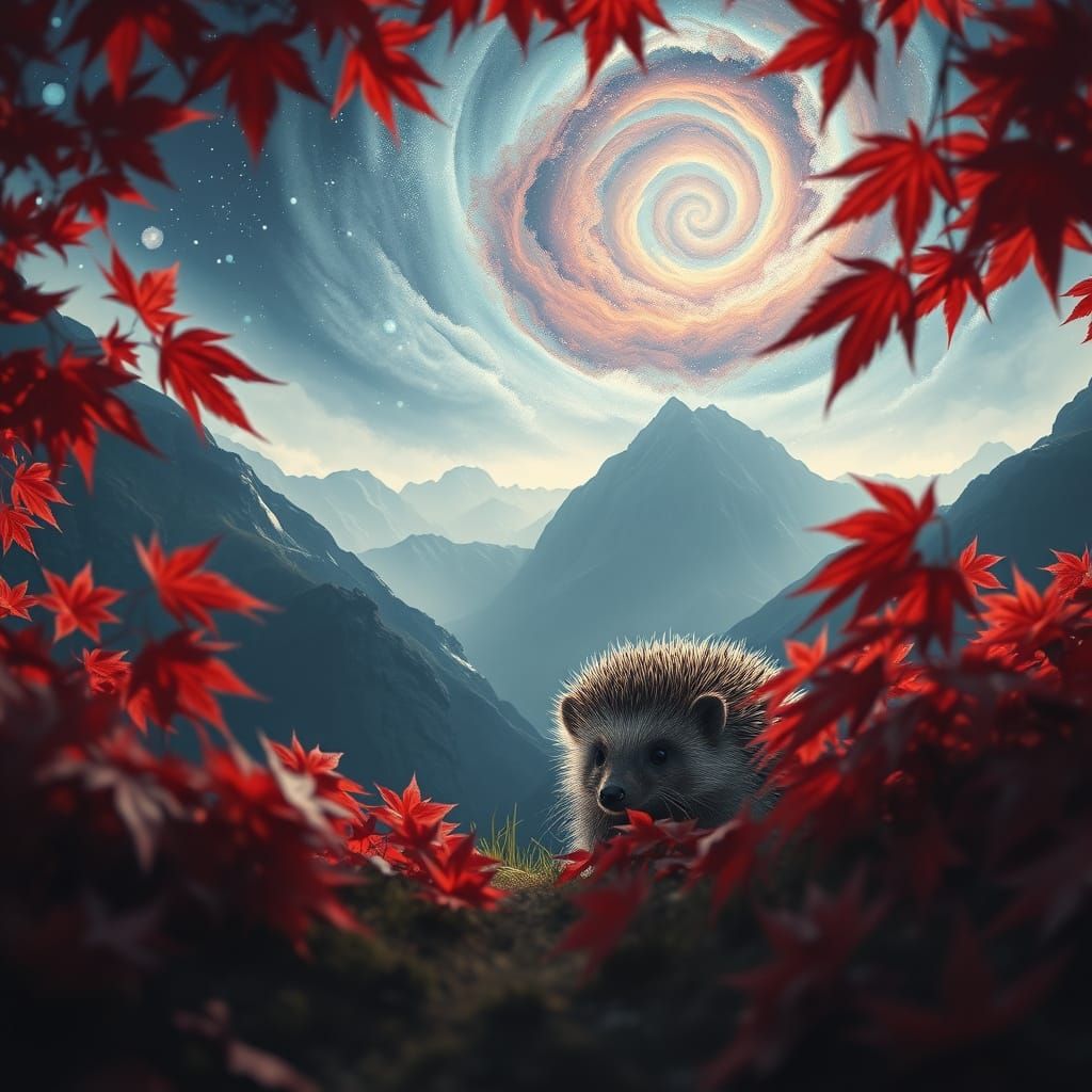 Hedgehog Under Leaves in Dreamlike Mountain Landscape