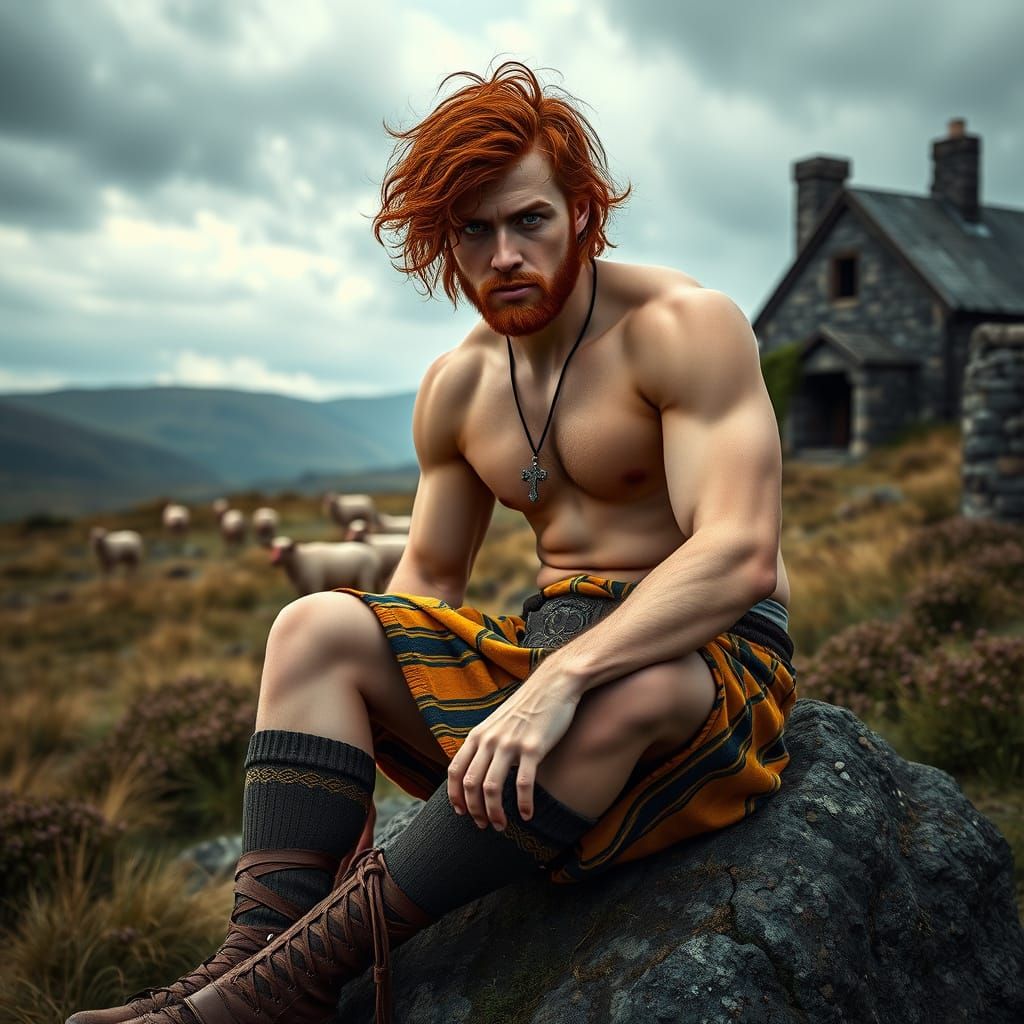 Scottish Man on Windy Moorland in Game Cinematic Style