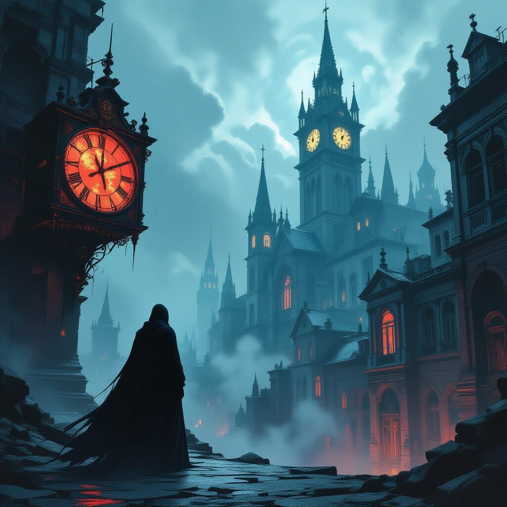 Spectral Figure in Ancient City at New Year's Eve Countdown