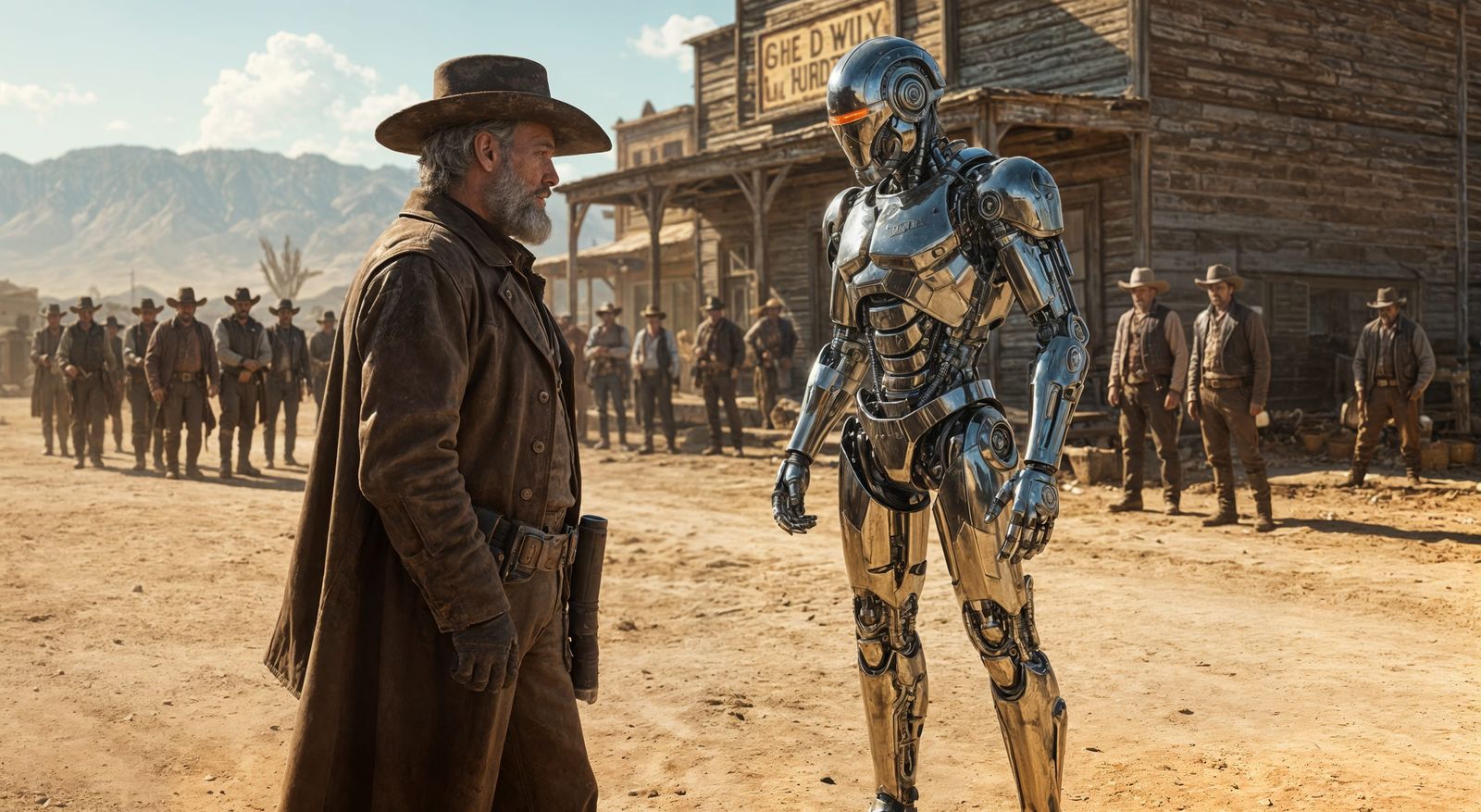 Cyborg vs Prospector Gunfight in Retro-Futuristic Wild West