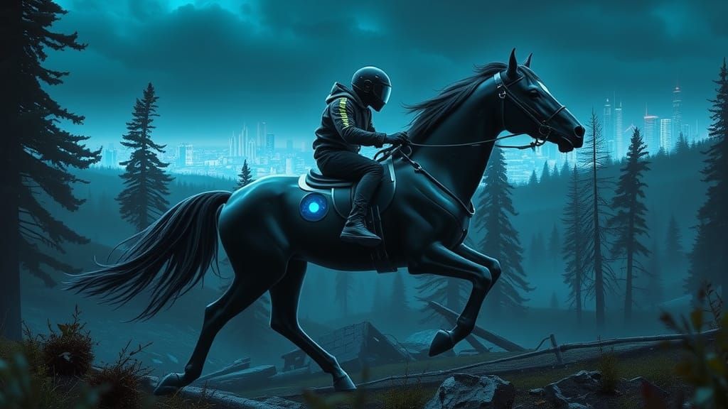 a cyborg horse through the forest, cyberpunk rider, galloping through the forest, rider leaned over the horse's neck, ne...