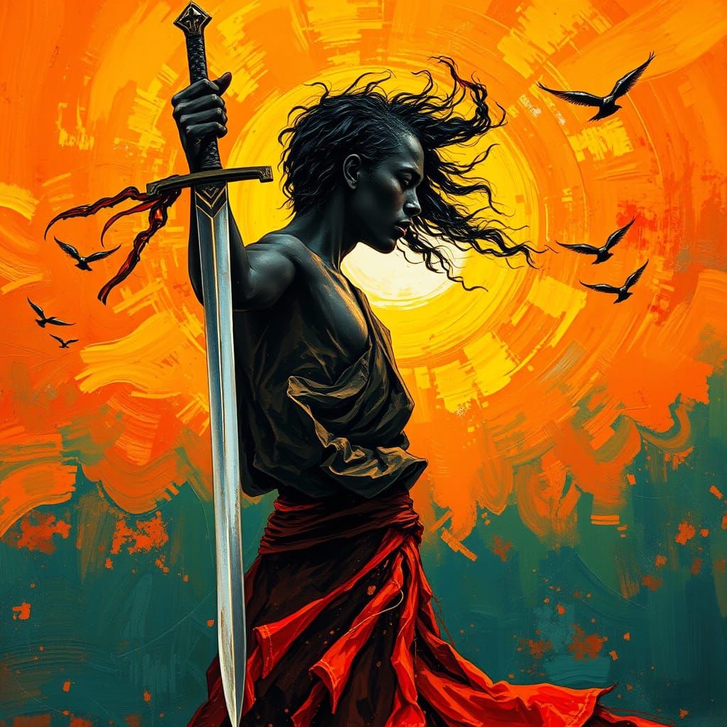 Ethereal Figure with Sword in Impressionist Sunset