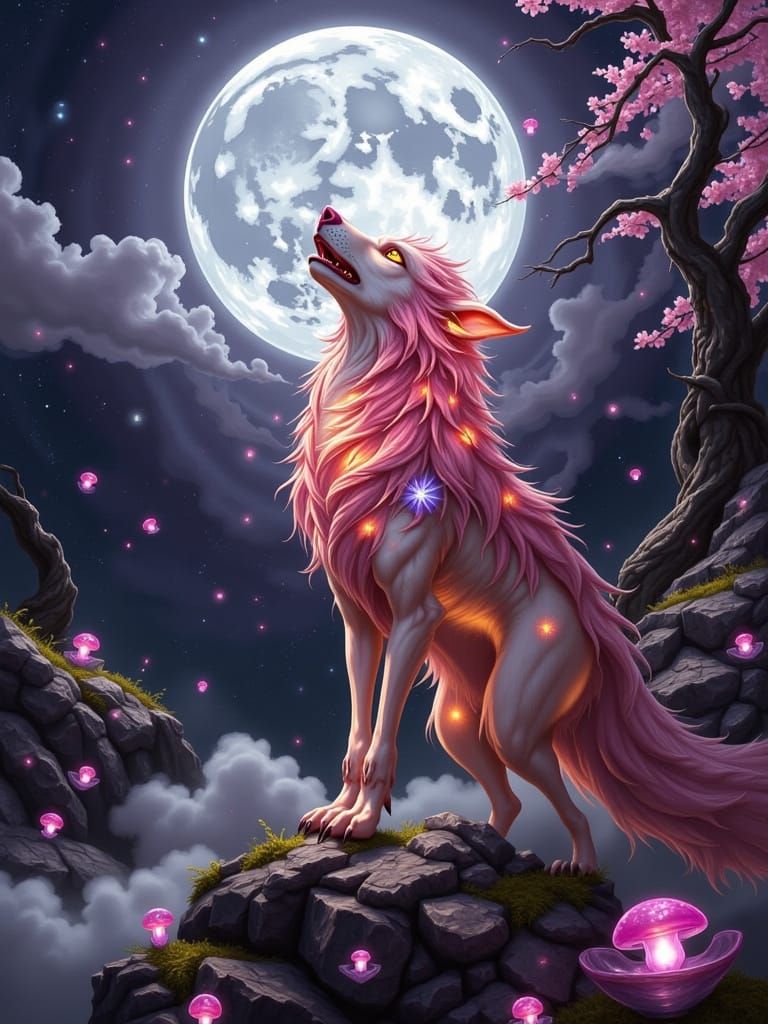 Majestic Pink Werewolf Howling Under Full Moon