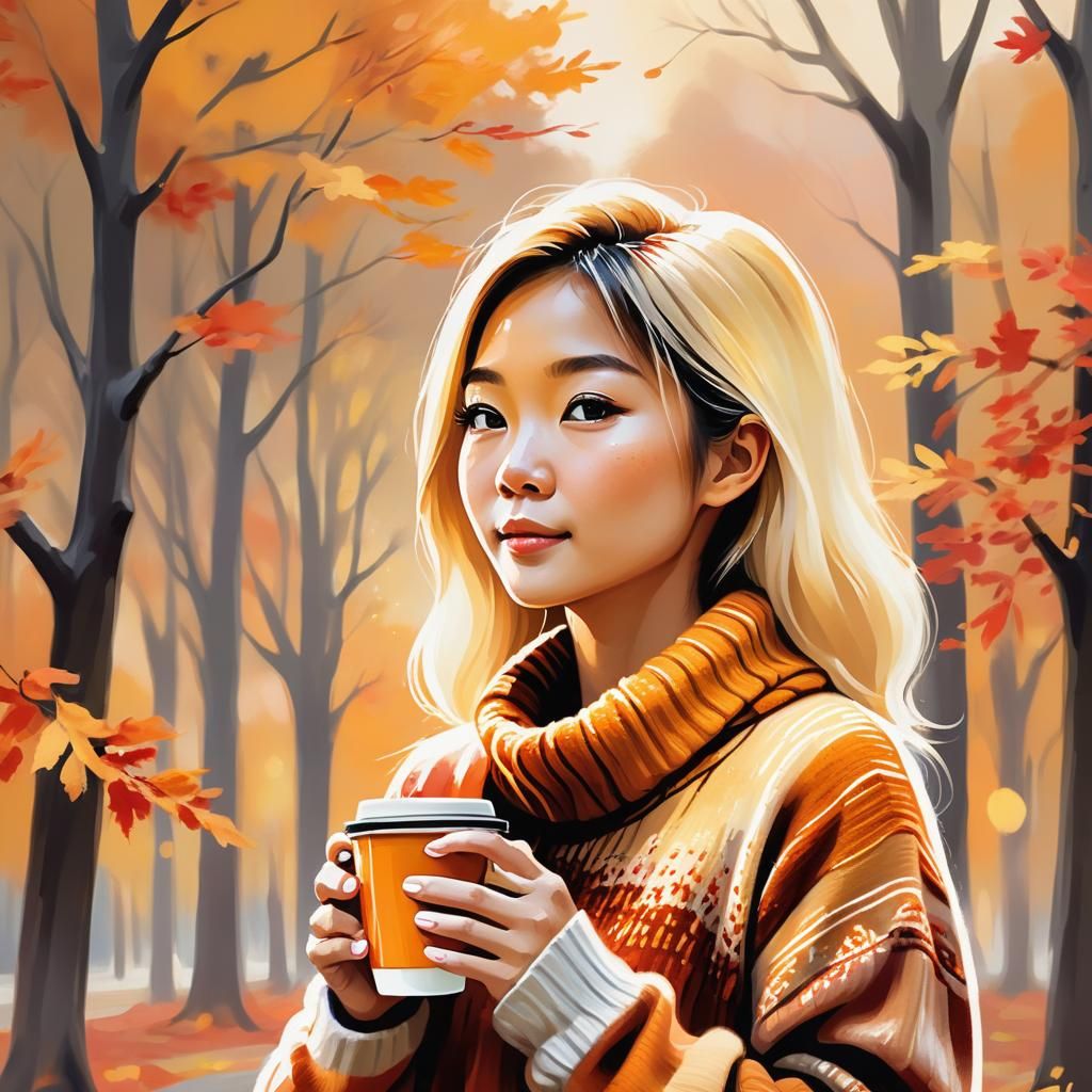 Asian Woman with Latte in Impressionistic Autumn Scene