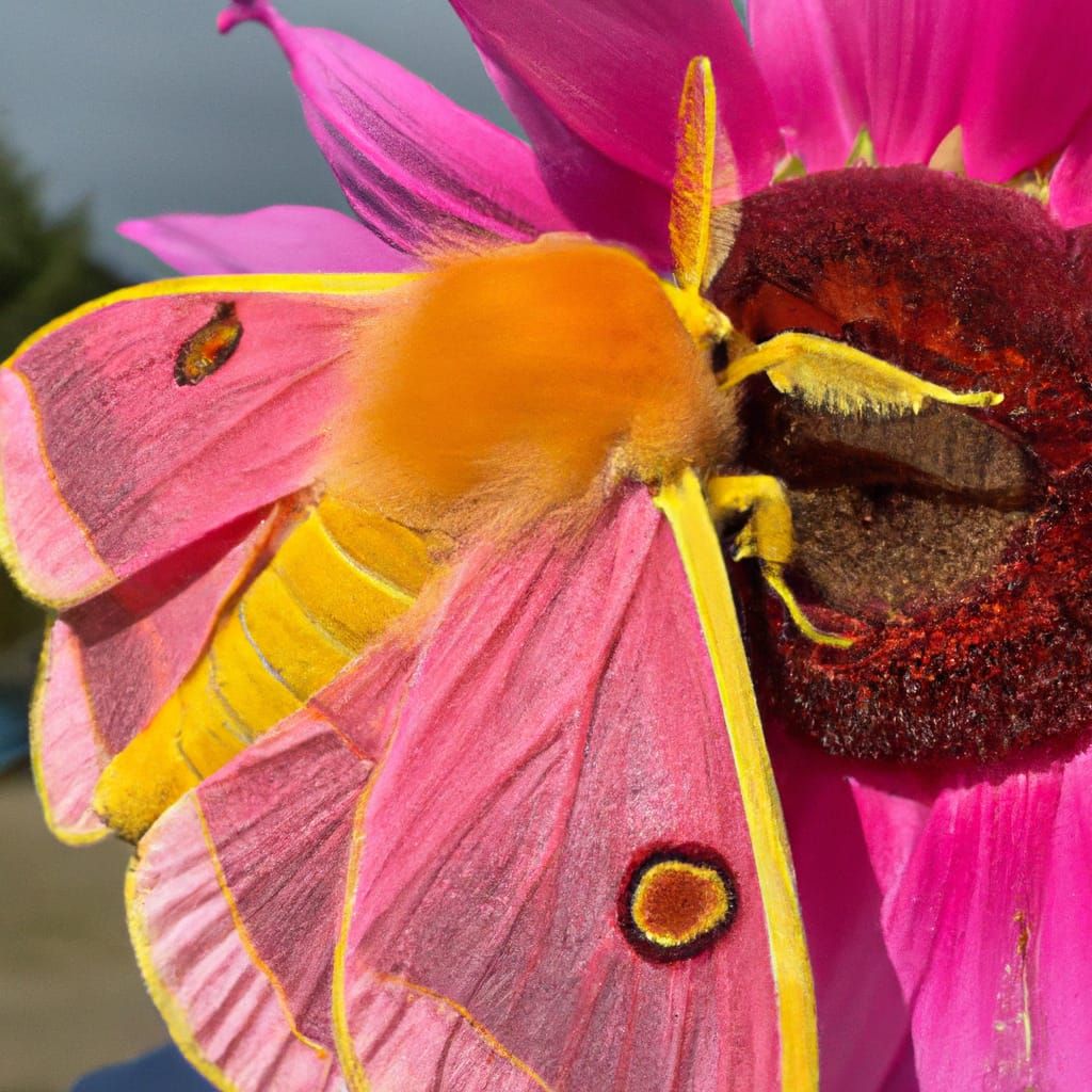 Rosy Maple Moth on Sunflower, Close-Up Nature Photo