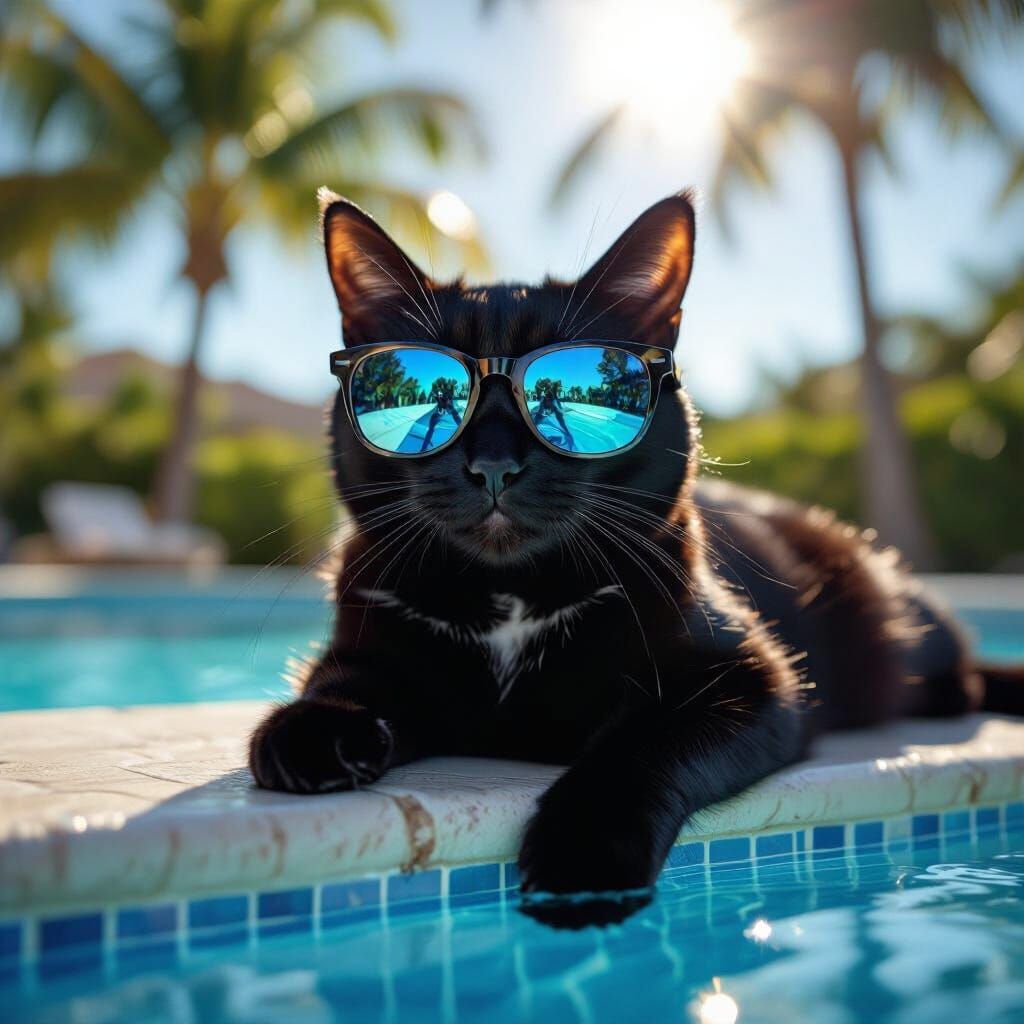Sleek Black Cat Lounging by Pool in Sunglasses