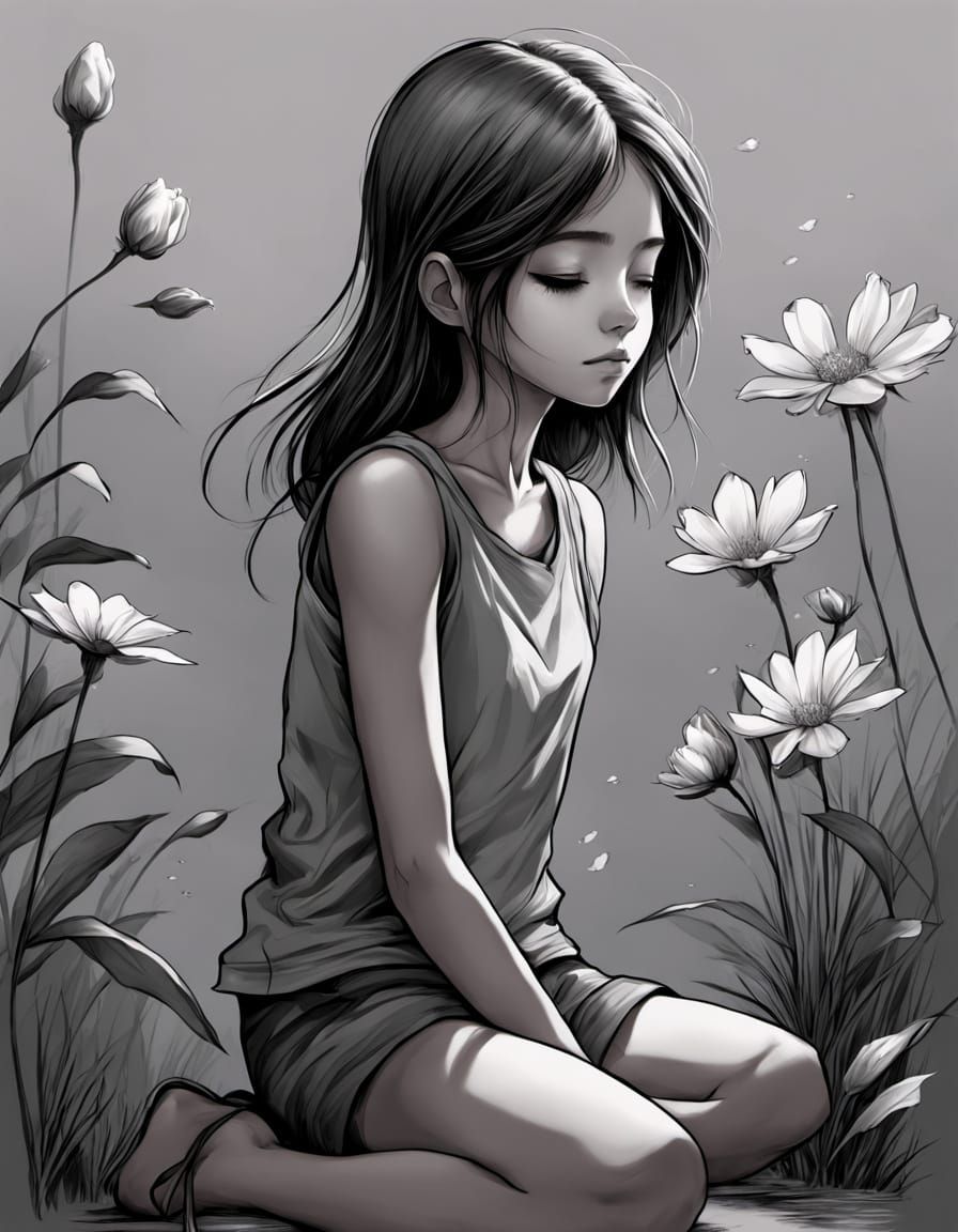 Manga-Influenced Girl Holding Flower in Grayscale