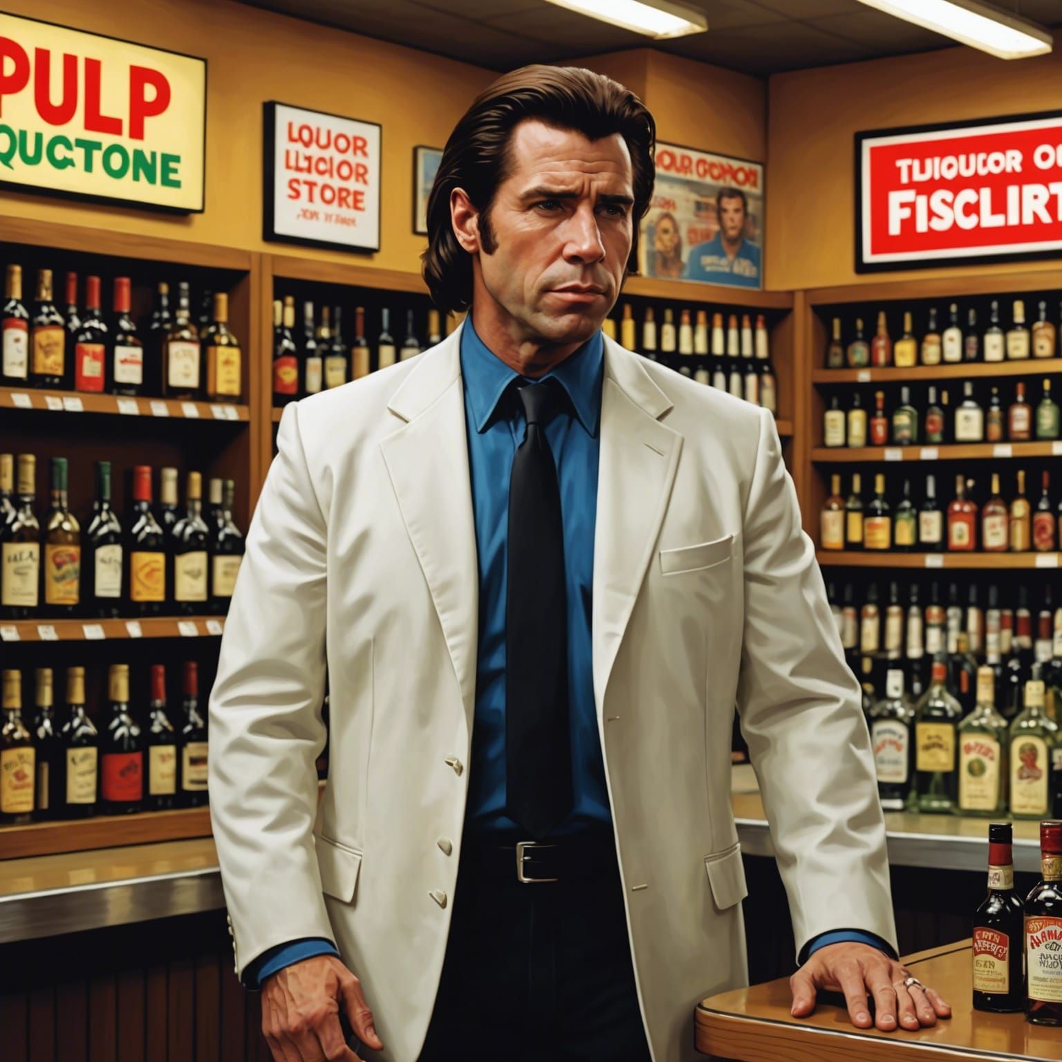 Shrugging Man in Liquor Store, Pulp Fiction Style