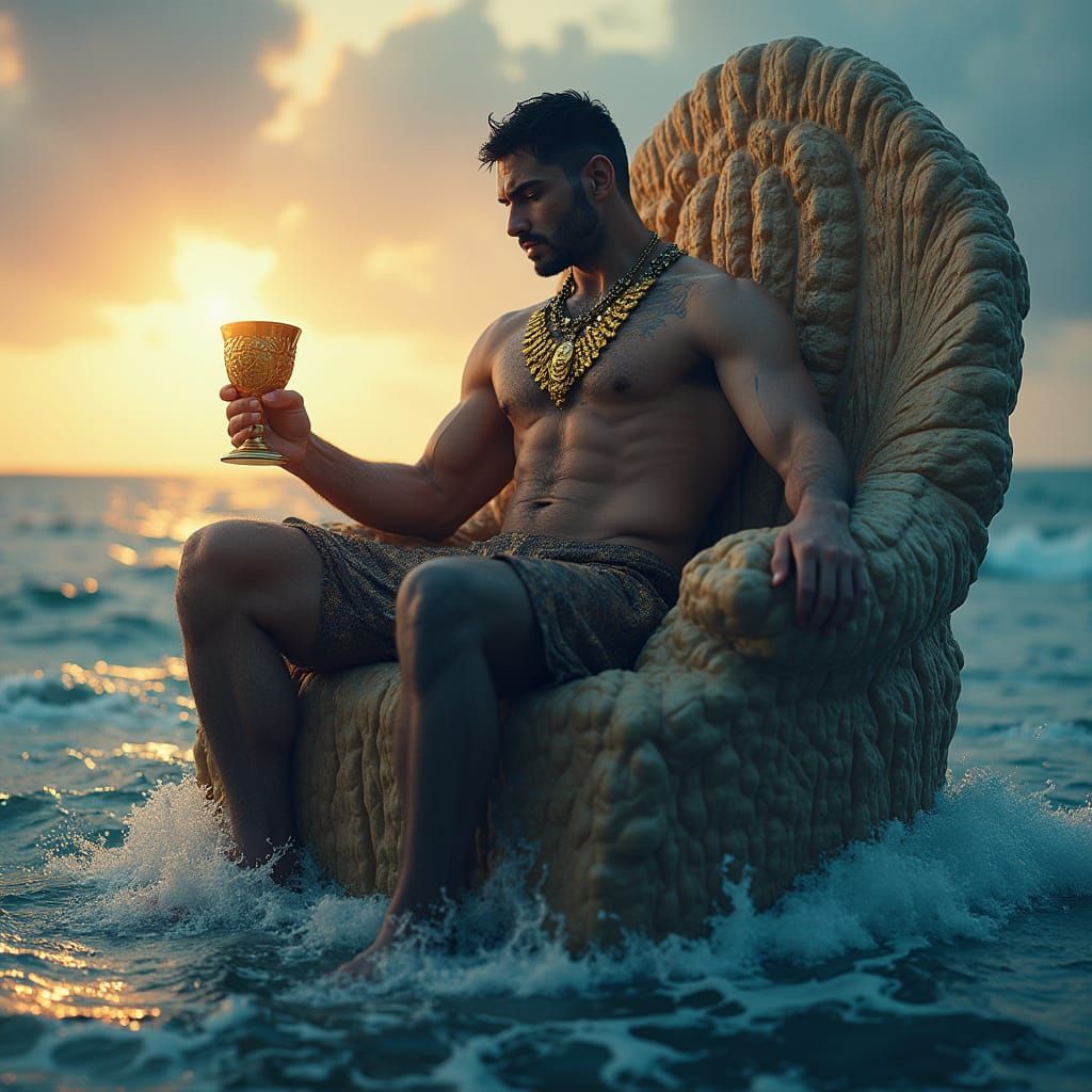 Majestic King on Seashell Throne at Dawn