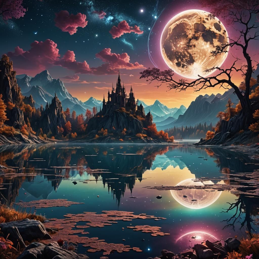 Cosmic Moonlit Lake: Fantasy Art in Triadic Colors