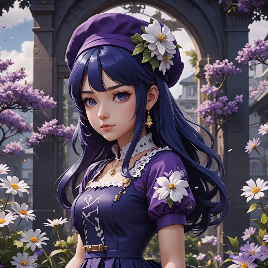 Anime Girl in Purple Dress: Detailed Matte Painting