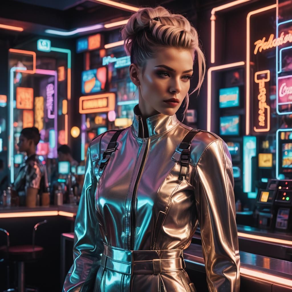 Cyberpunk Woman at Neon Bar in Sci-Fi Style