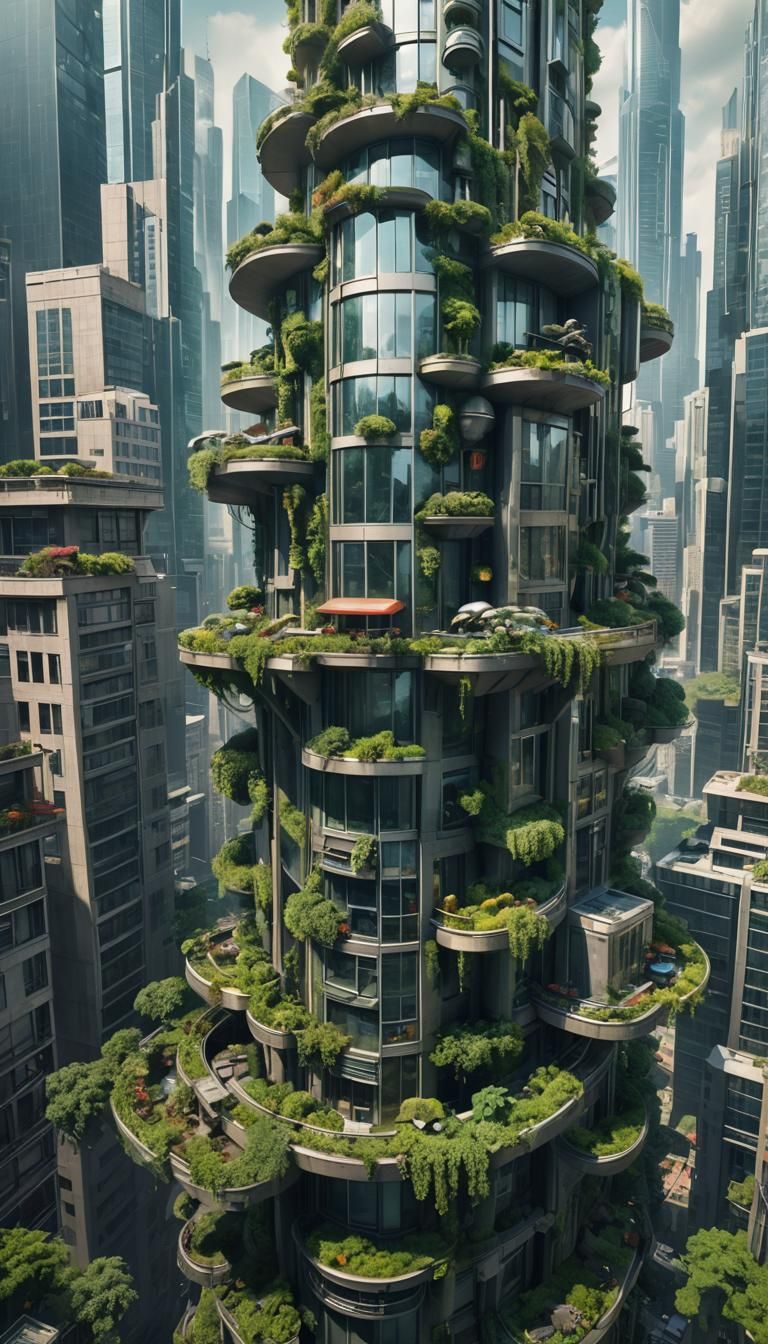 Futuristic Skyscraper with Greenery, Digital Matte Painting