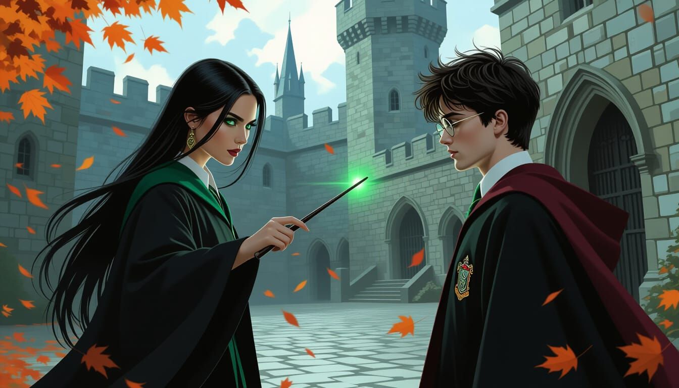 Magical Duel in Hogwarts Courtyard, Digital Painting