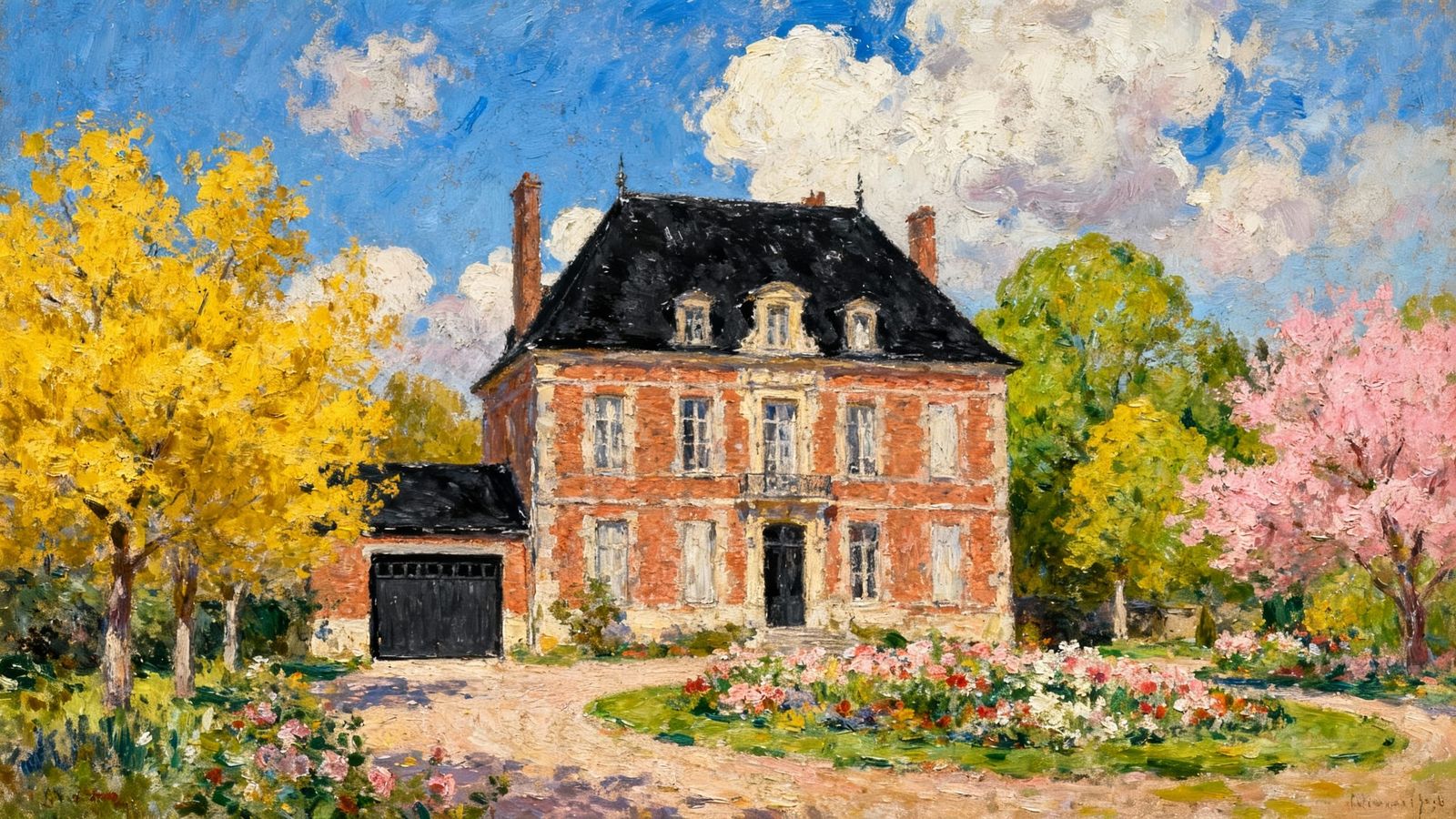Grand Brick Chateau with Vibrant Garden and Painterly Realis...