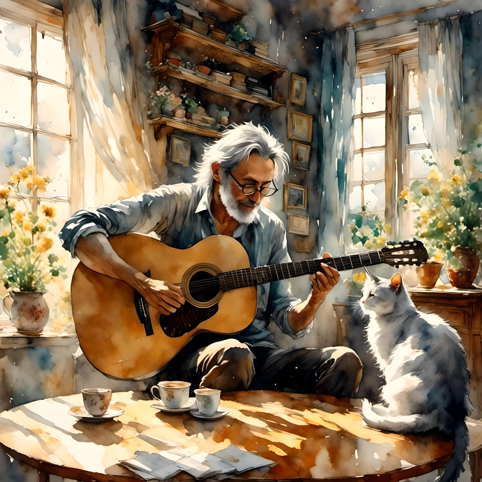 Man and Cat Acoustic Guitar Serenade
