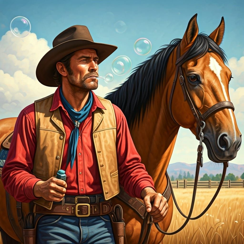 Cowboy and Horse Blowing Bubbles in Western Art Style
