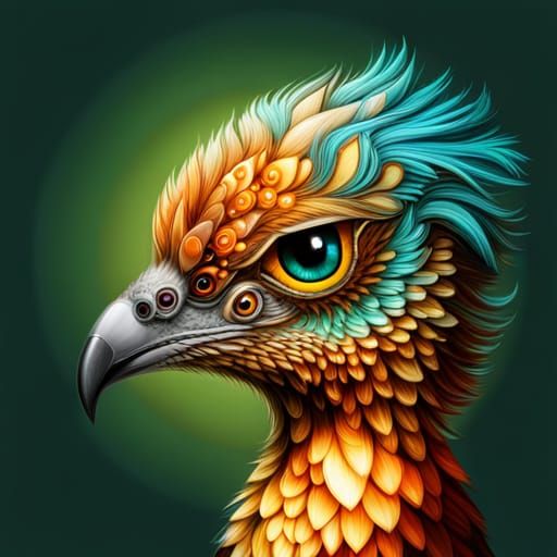 Intricate Obsidian Bird with Fractal Flowers in Pixel Art