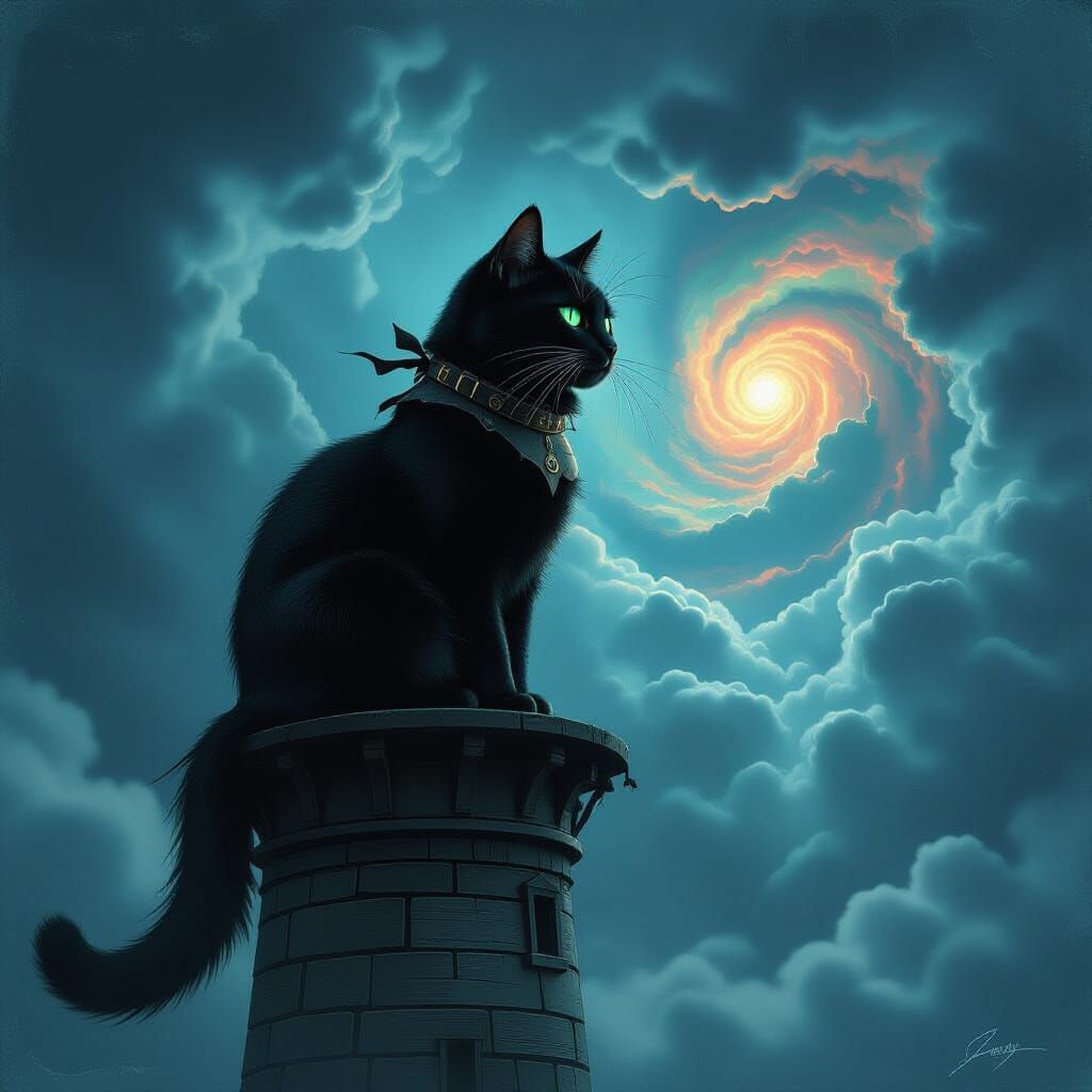 Black Cat Watcher on Lighthouse in Cosmic Storm