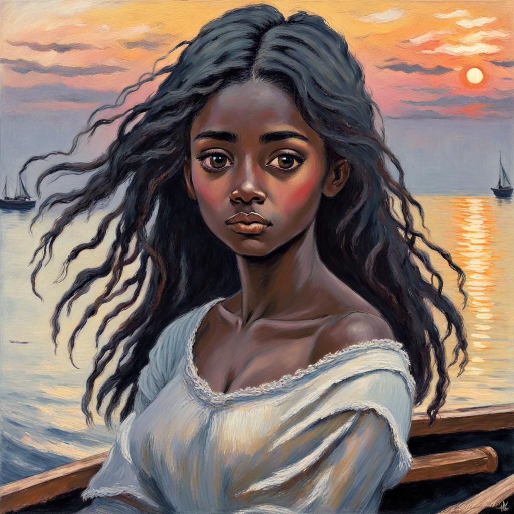 Woman on Bow of Boat at Sunset: Impressionistic Style