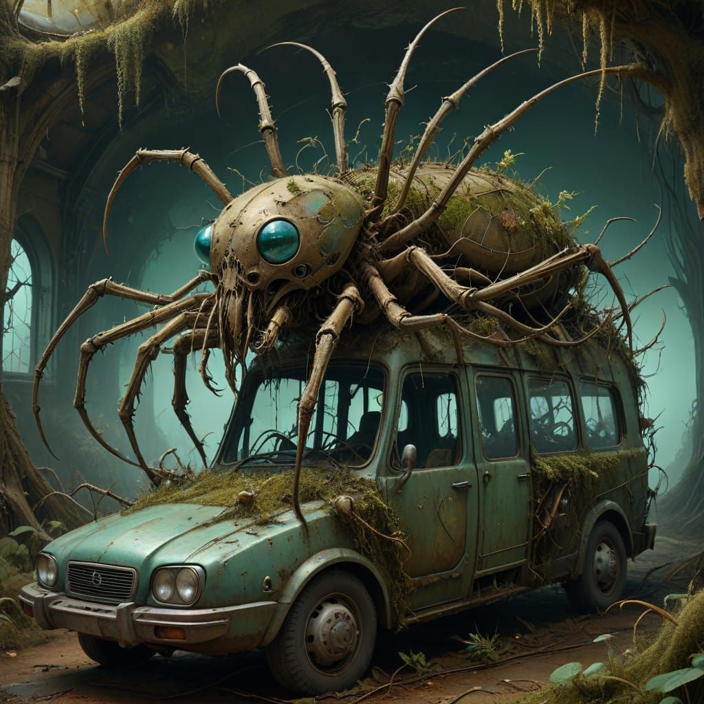 Surreal Fish-Spider on Ancient Bus-Bike