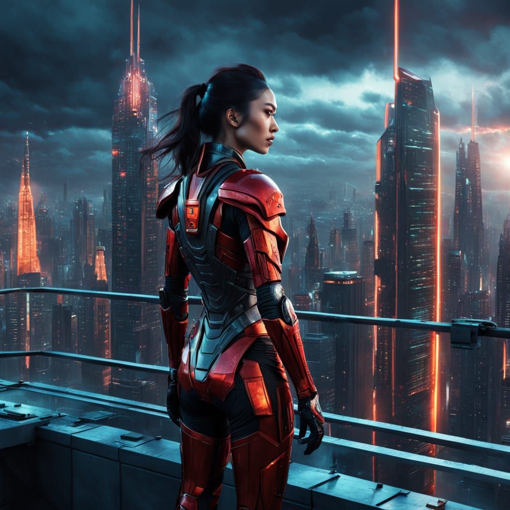 Epic Futuristic Warrior Goddess on Majestic Skyscraper Rooft...