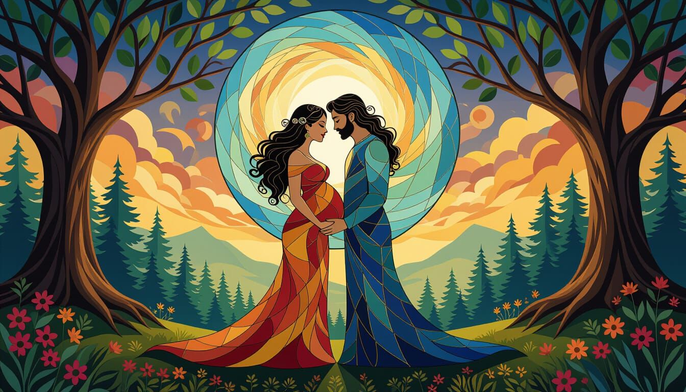 Mother and Father Earth Embrace: Dreamlike Stained Glass