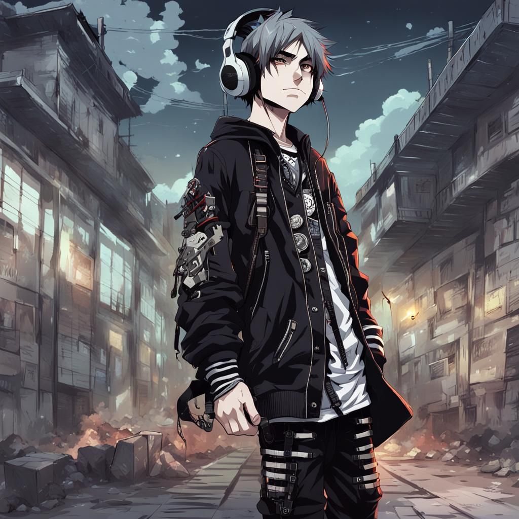 Anime Teen with Electric Guitar in Punk Style