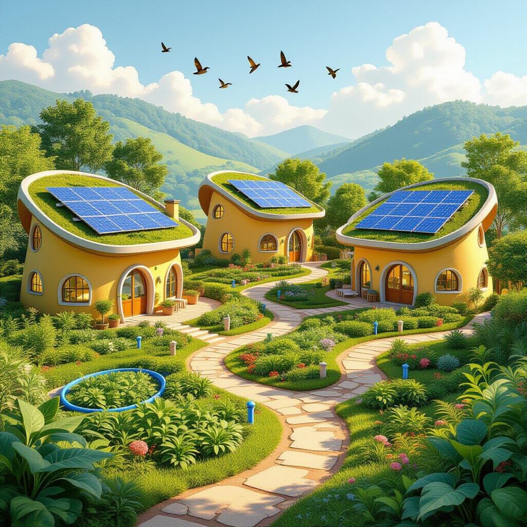Utopian Solar Eco-Village in Painterly Style